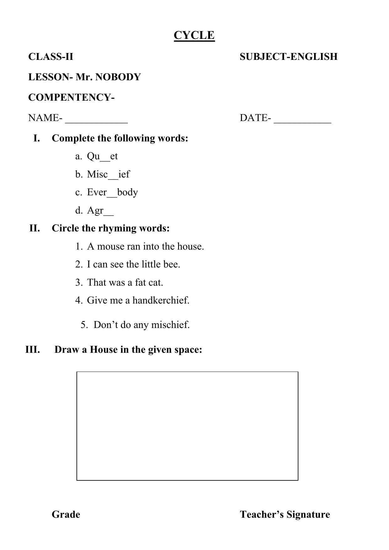 Worksheet for Class 2 English Assignment 84 Nobody - Page 1