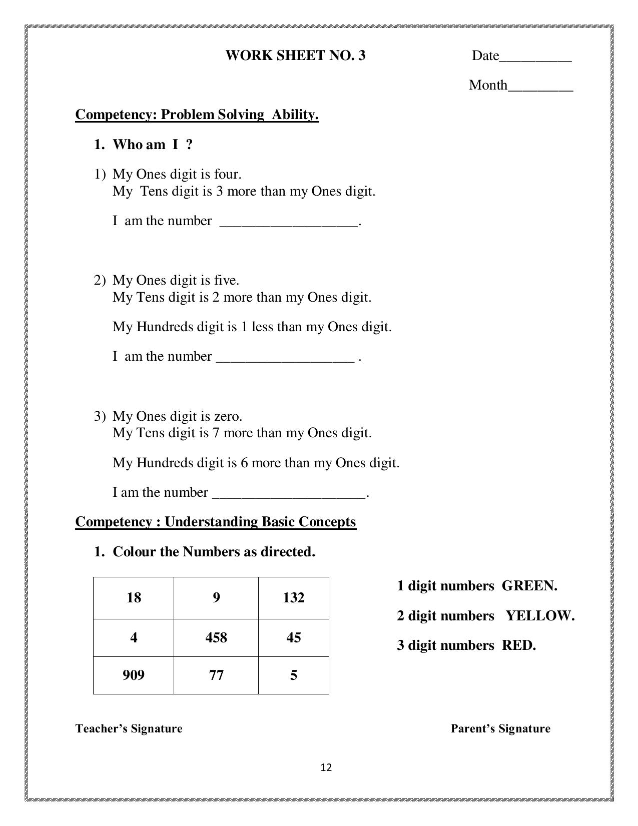 Worksheet for Class 3 Mathematics Assignment 28 - Page 1