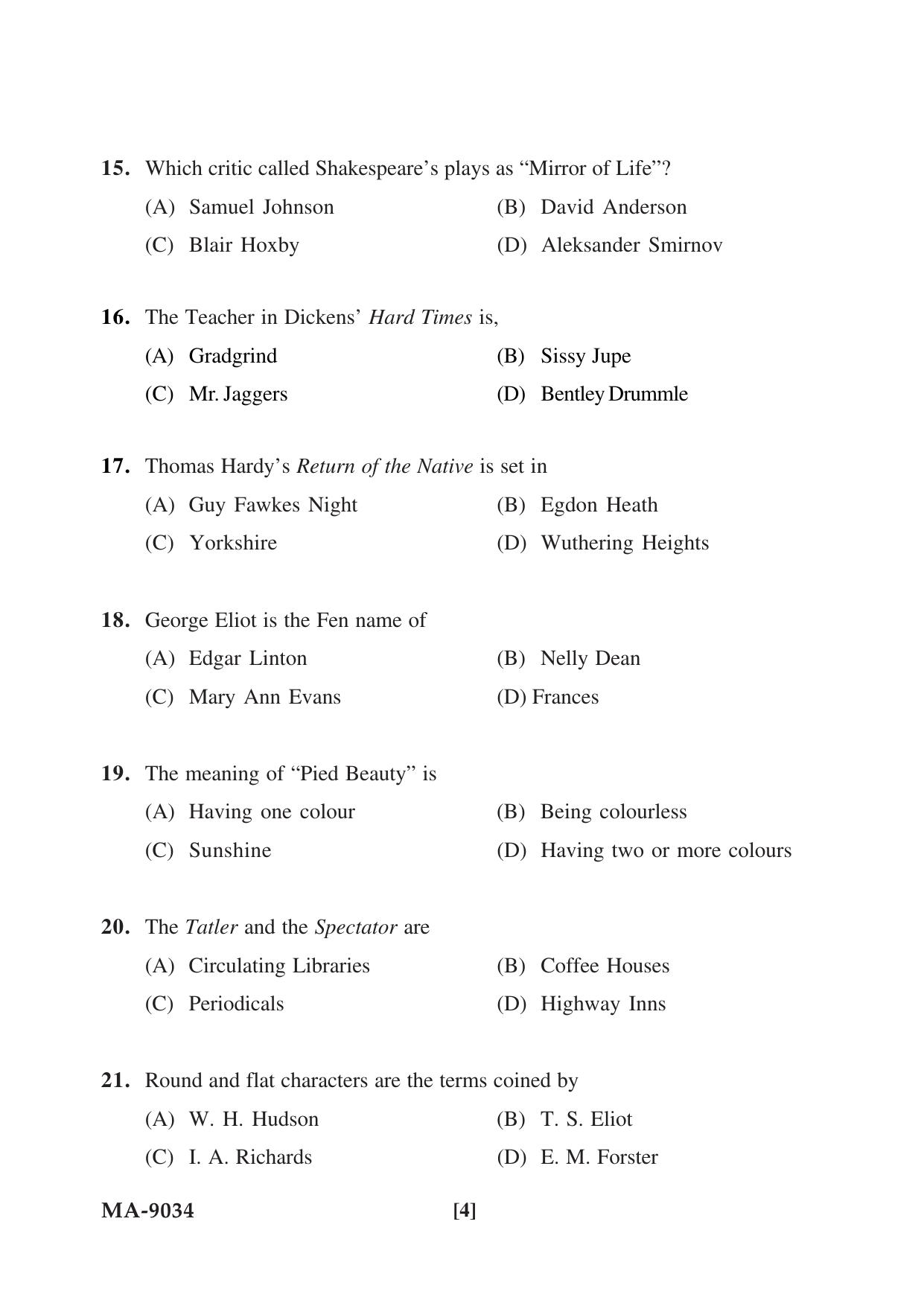 Mysore University PG Entrance Exam 2022: M.A. English Question Paper - Page 4