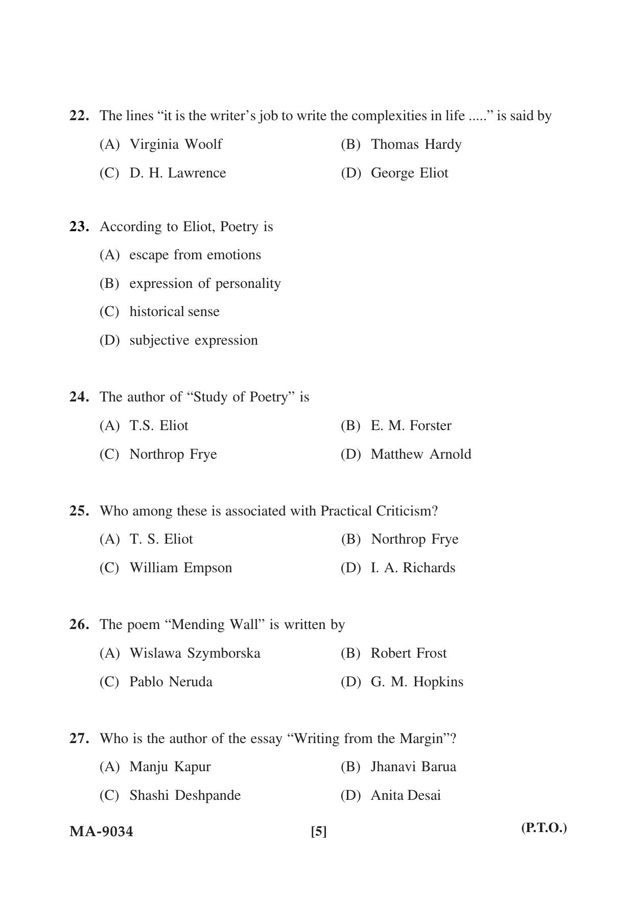 Mysore University PG Entrance Exam 2022: M.A. English Question Paper - Page 5