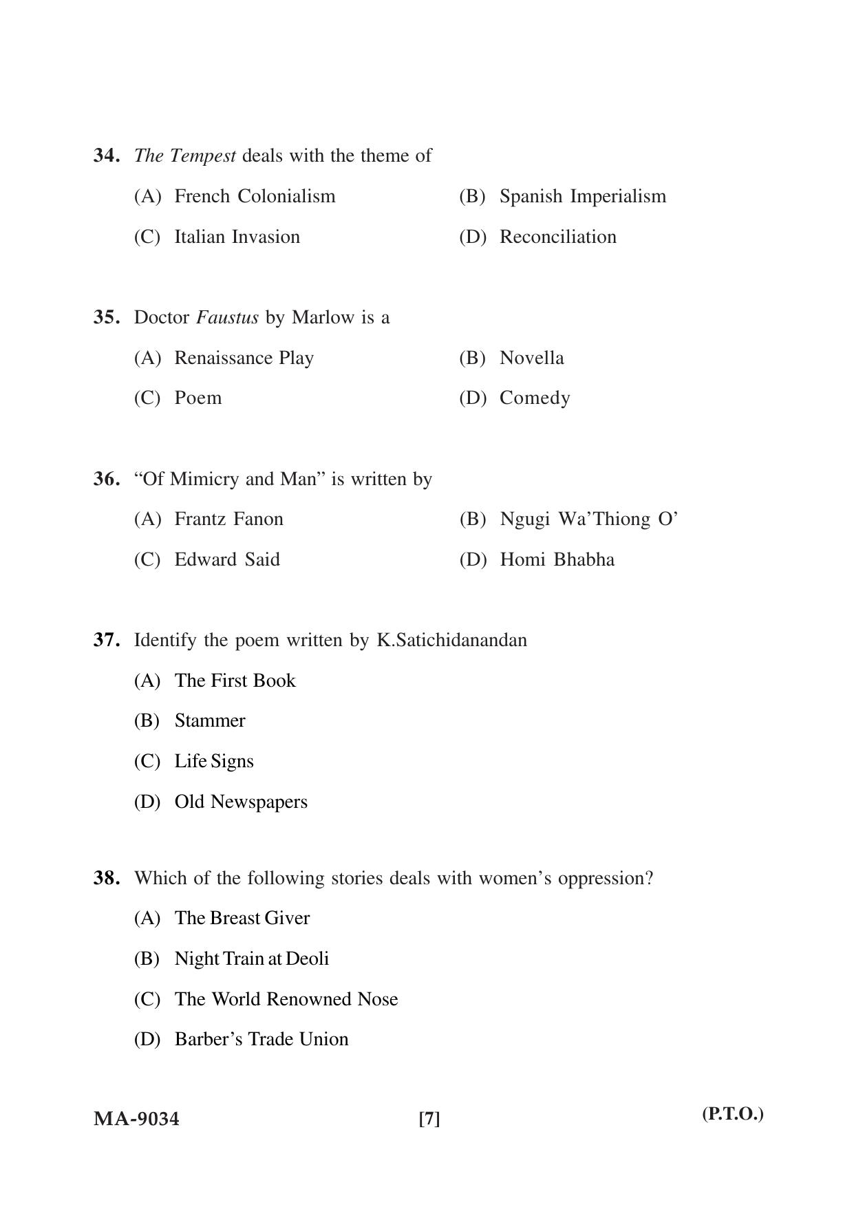 Mysore University PG Entrance Exam 2022: M.A. English Question Paper - Page 7