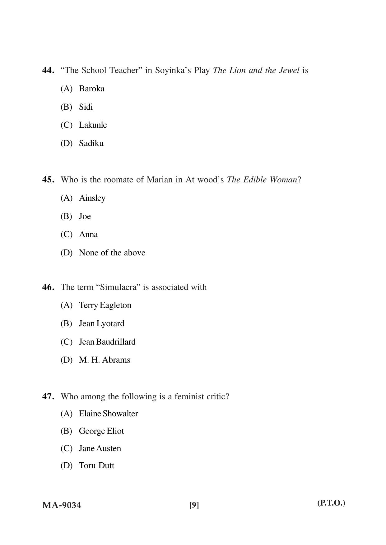 Mysore University PG Entrance Exam 2022: M.A. English Question Paper - Page 9