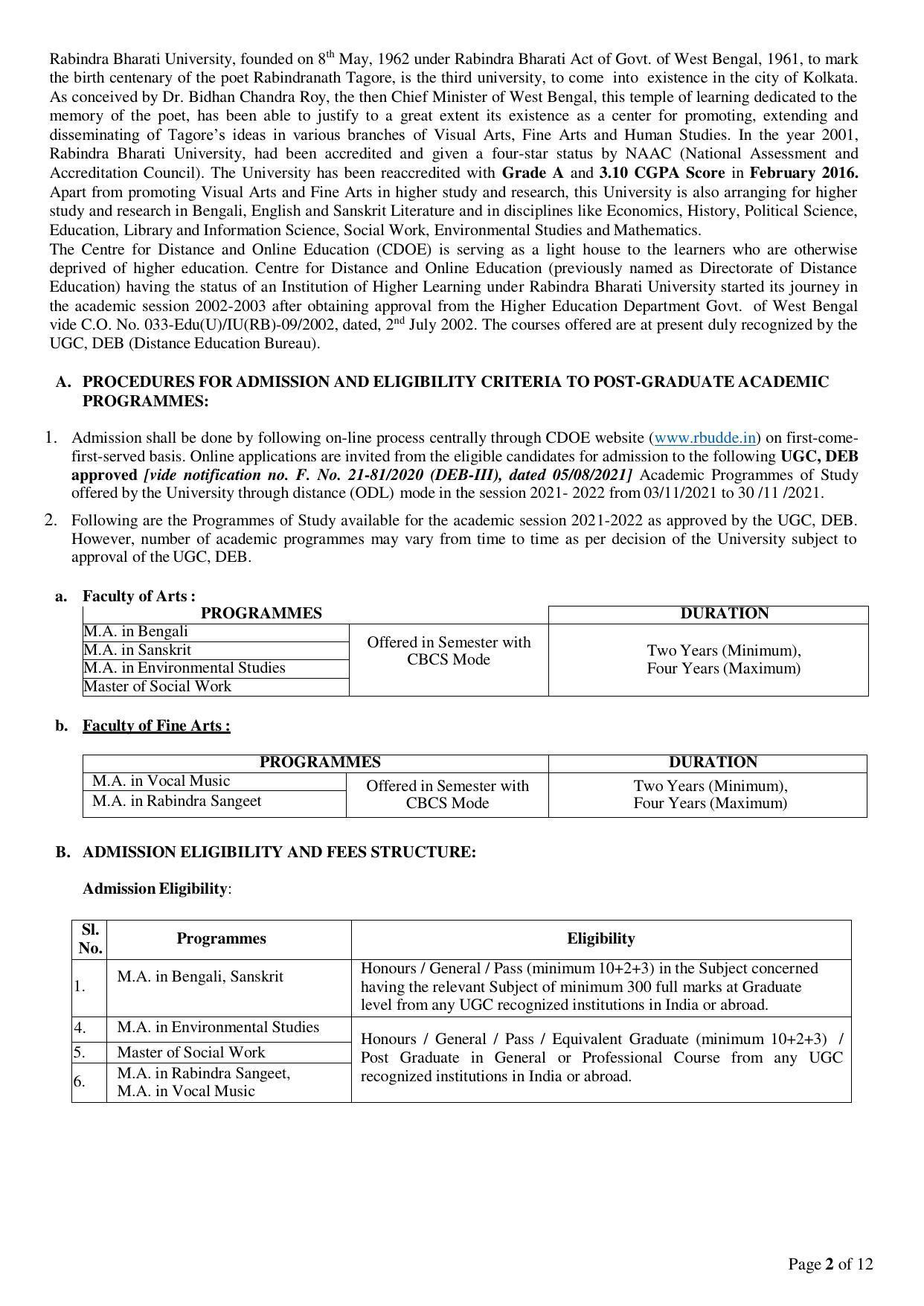 Rabindra Bharati University, Kolkata Prospectus 2021-22 - Page 2