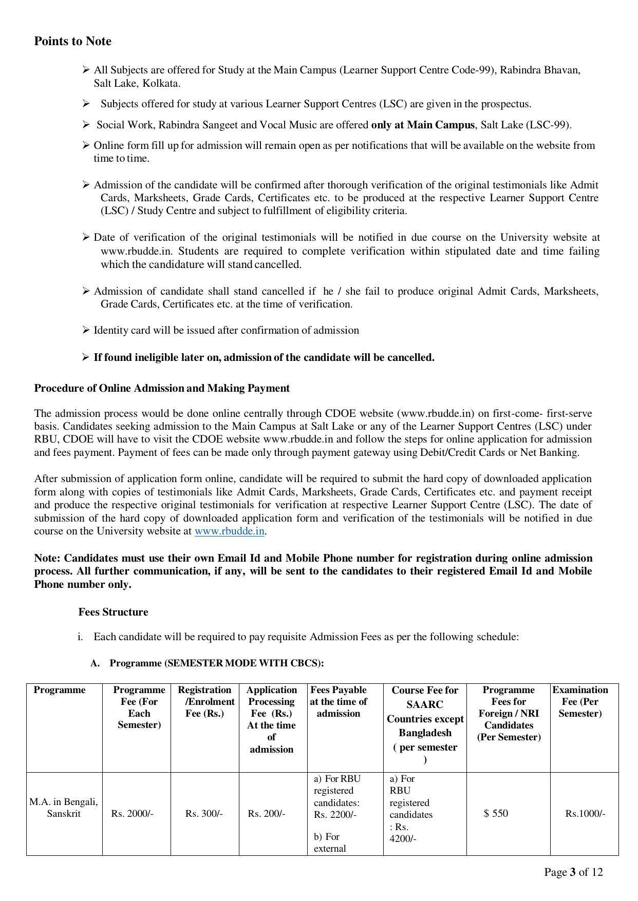Rabindra Bharati University, Kolkata Prospectus 2021-22 - Page 3