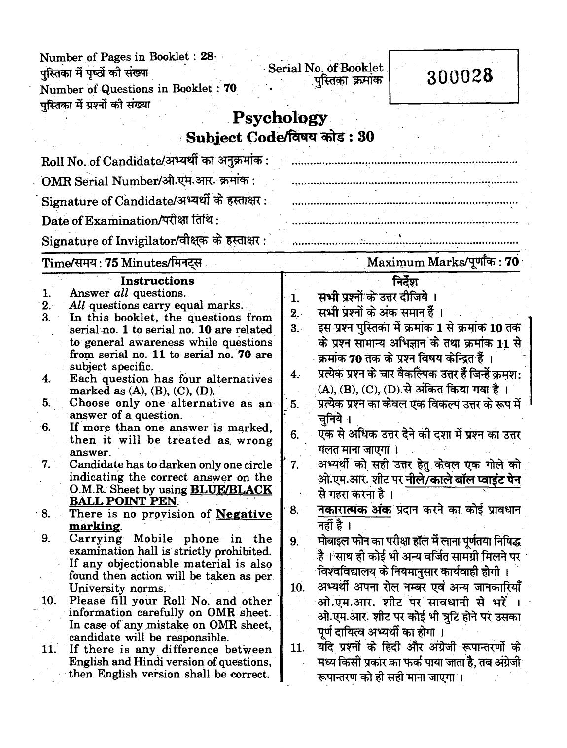 URATPG 2015 Psychology Question Paper - Page 1