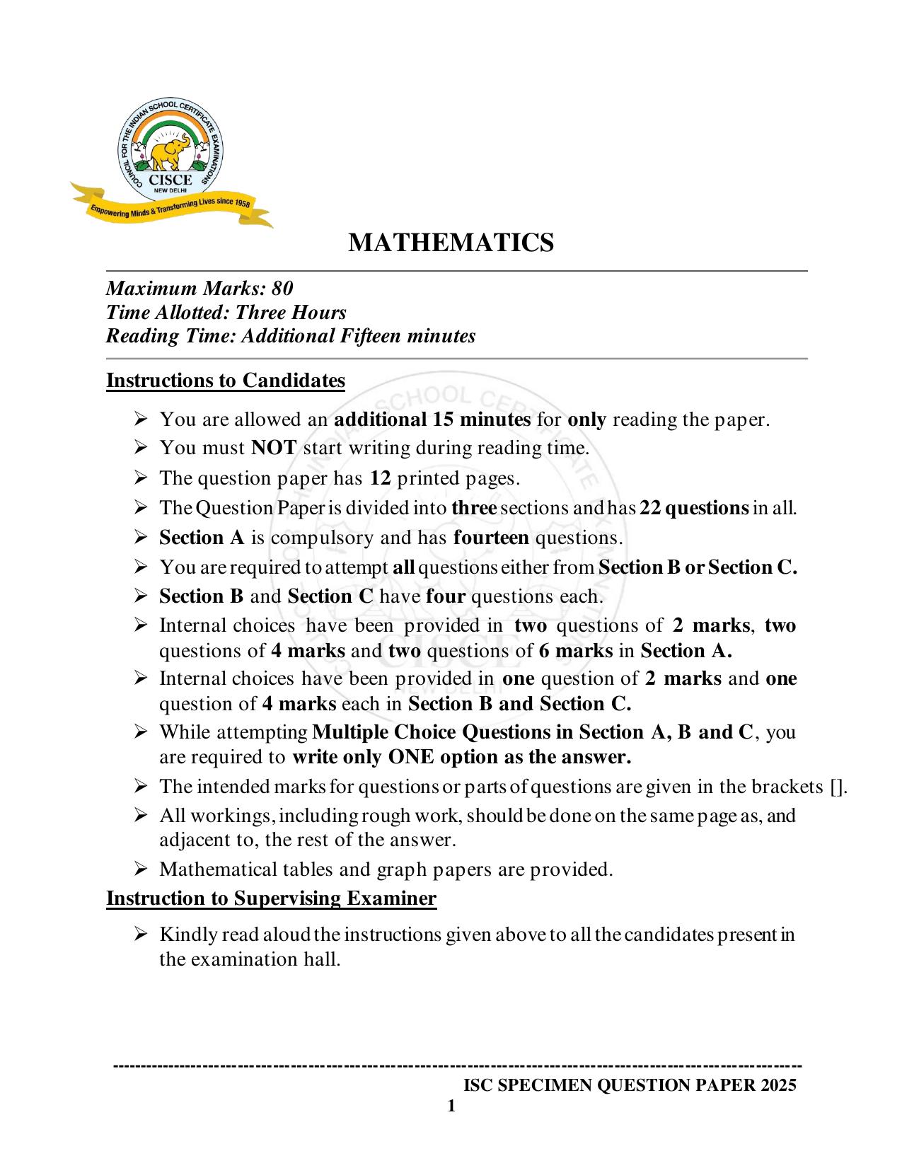 ISC Class 12 2025 MATHEMATICS (SQP & AK) Specimen Paper - Page 1