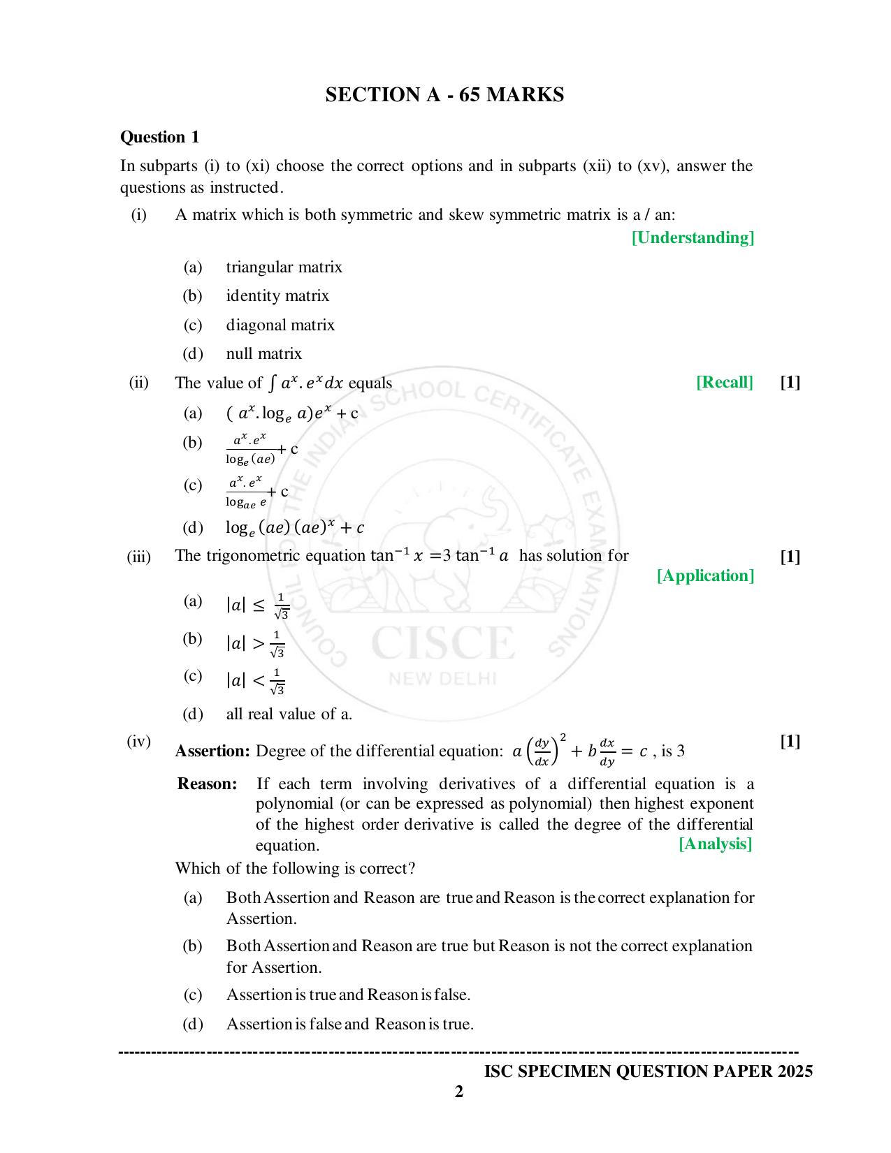 ISC Class 12 2025 MATHEMATICS (SQP & AK) Specimen Paper - Page 2