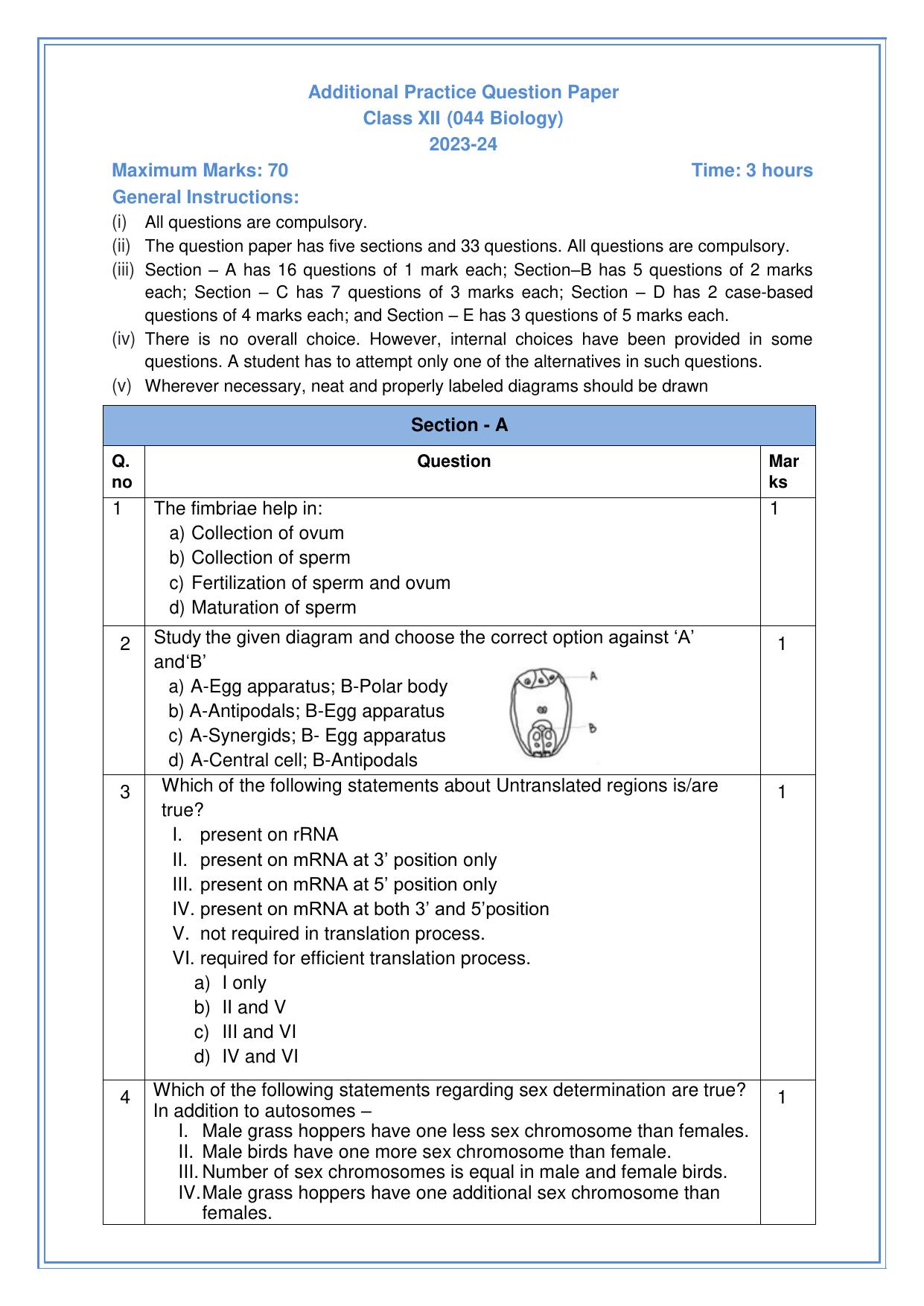 CBSE Class 12 Biology SET 2 Practice Questions 2023-24  - Page 1