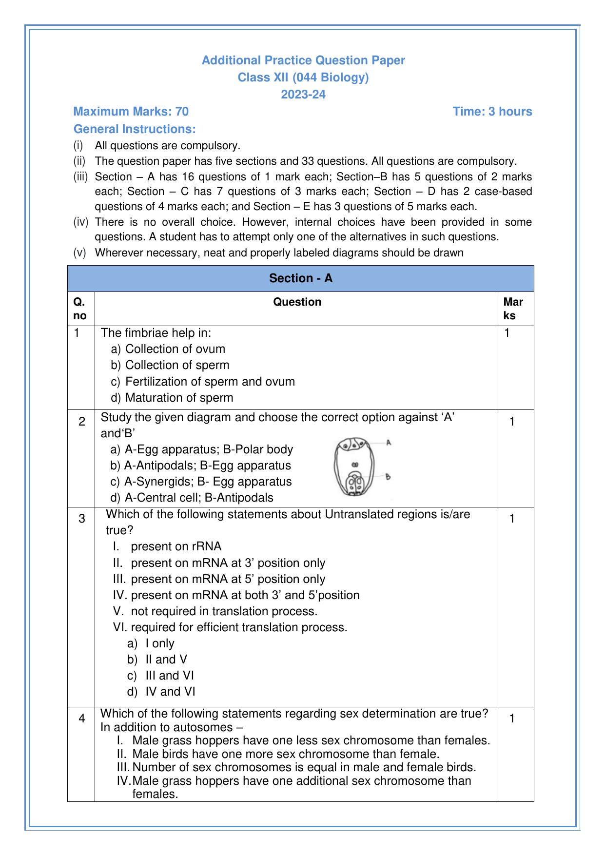 CBSE Class 12 Biology SET 2 Practice Questions 2023-24 - Page 1