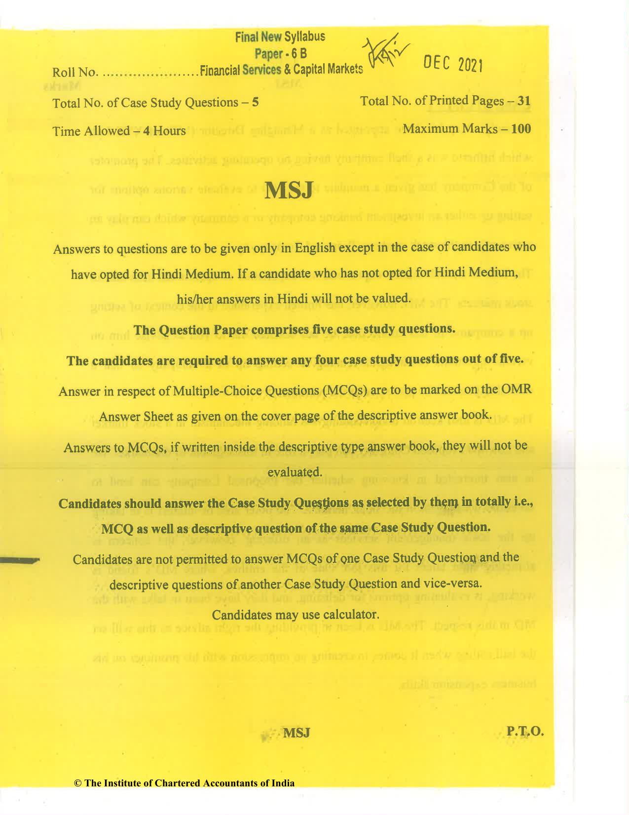 CA Final Dec 2021 Question Paper - Paper 6B – Financial Services and Capital Markets - Page 1