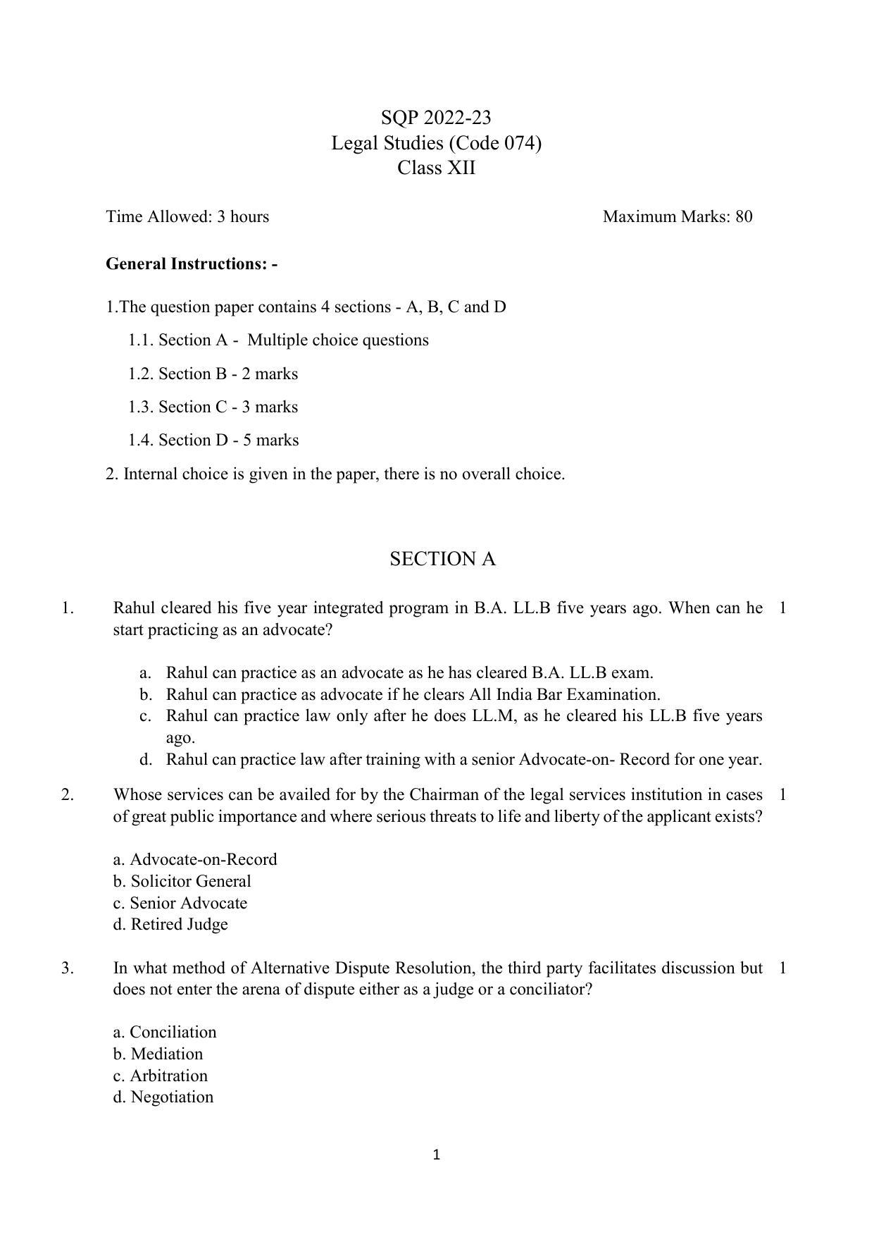 CBSE Class 12 Legal Studies Sample Paper 2023 - Page 1