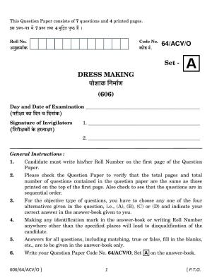 NIOS October 2022 Class 10 Dress Making Question Paper