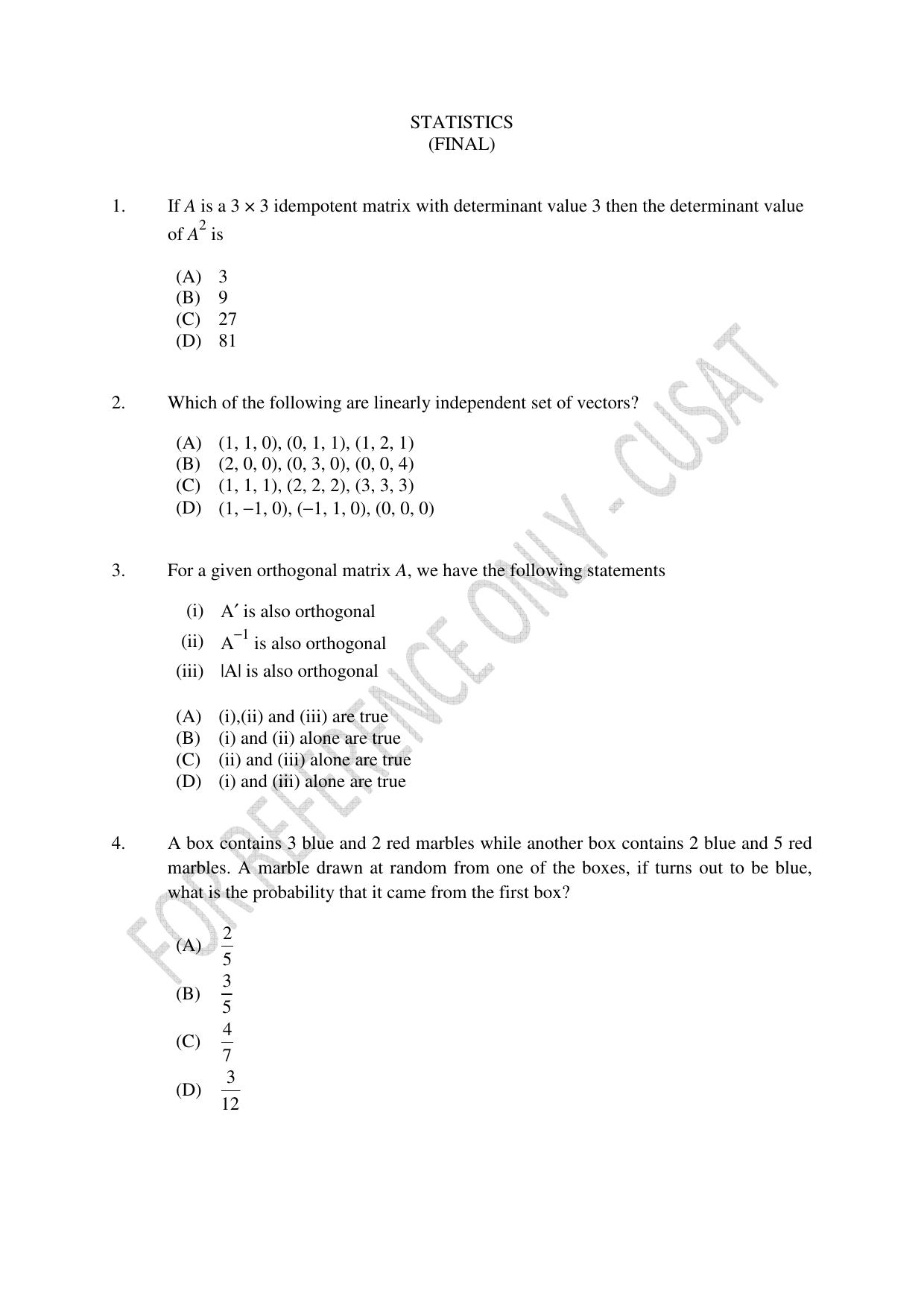 CUSAT CAT 2023 Statistics Question Paper - Page 1