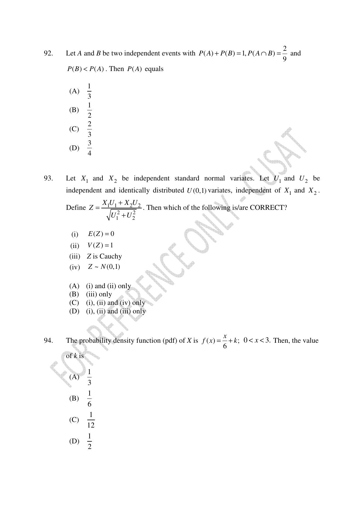 CUSAT CAT 2023 Statistics Question Paper - Page 25