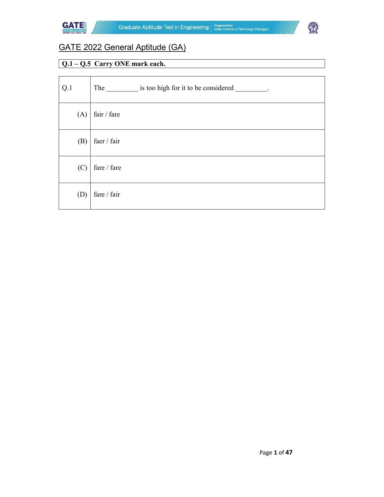 GATE 2022 Biomedical Engineering (BM) Question Paper - Page 1
