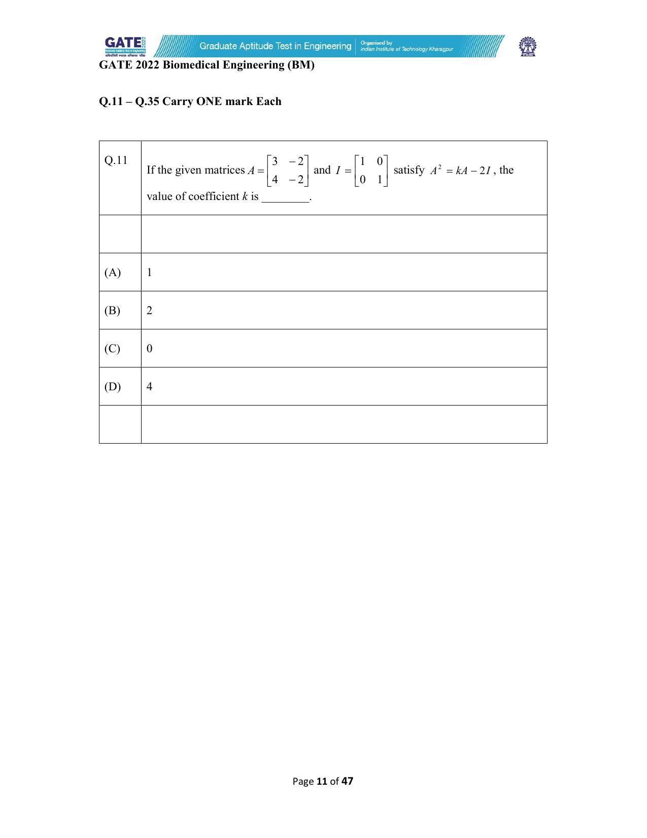 GATE 2022 Biomedical Engineering (BM) Question Paper - Page 11