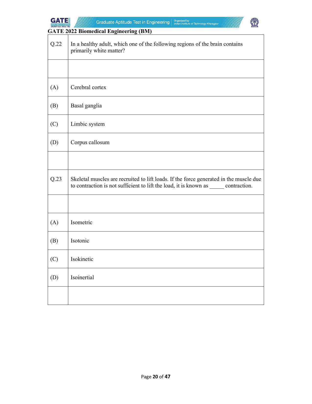 GATE 2022 Biomedical Engineering (BM) Question Paper - Page 20