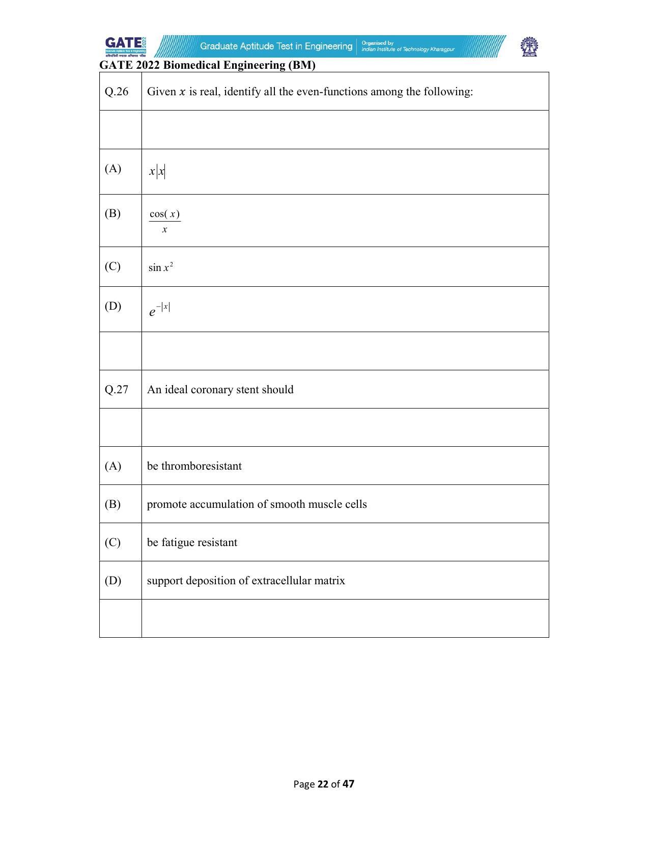 GATE 2022 Biomedical Engineering (BM) Question Paper - Page 22
