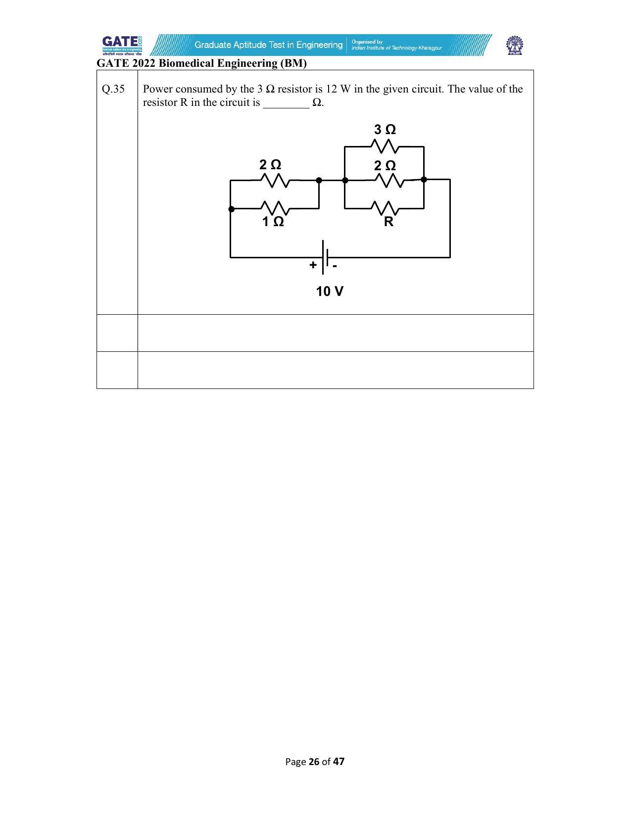 GATE 2022 Biomedical Engineering (BM) Question Paper - Page 26