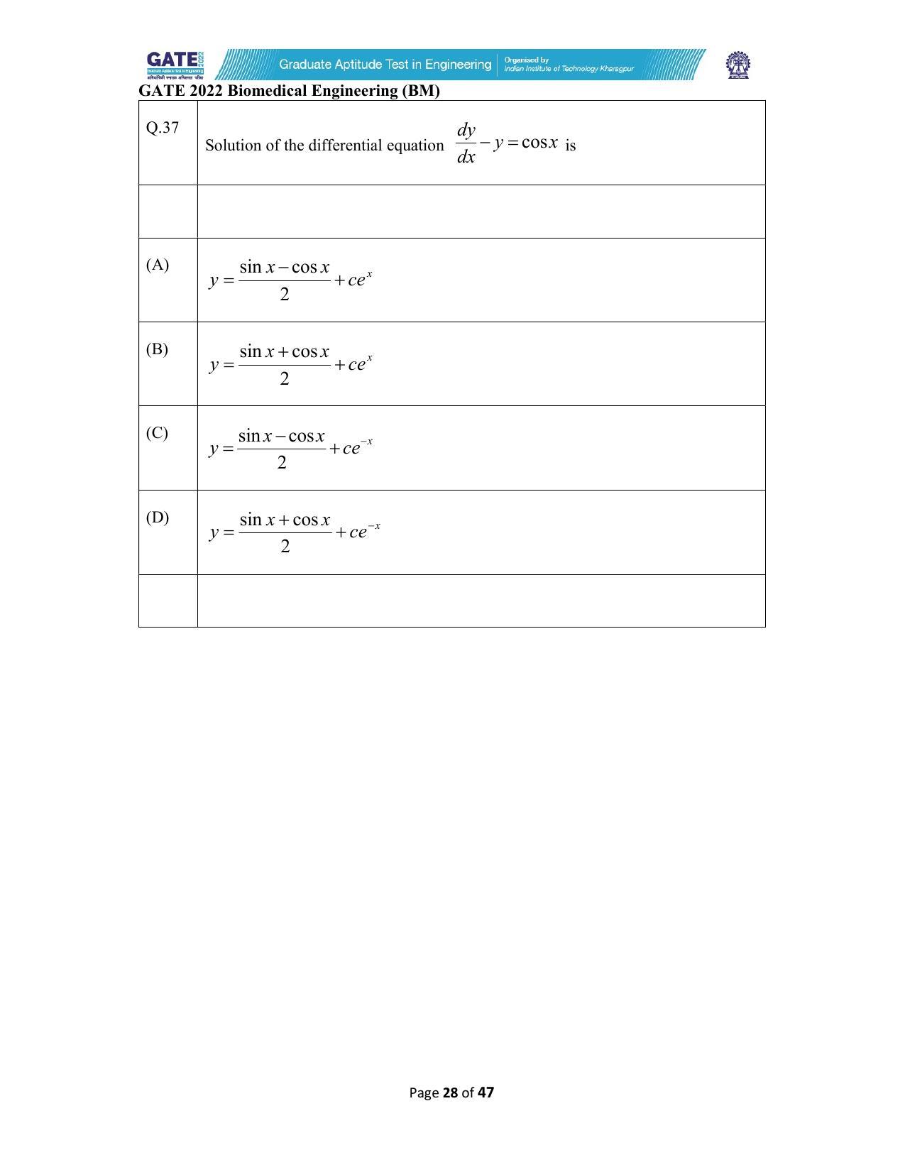 GATE 2022 Biomedical Engineering (BM) Question Paper - Page 28