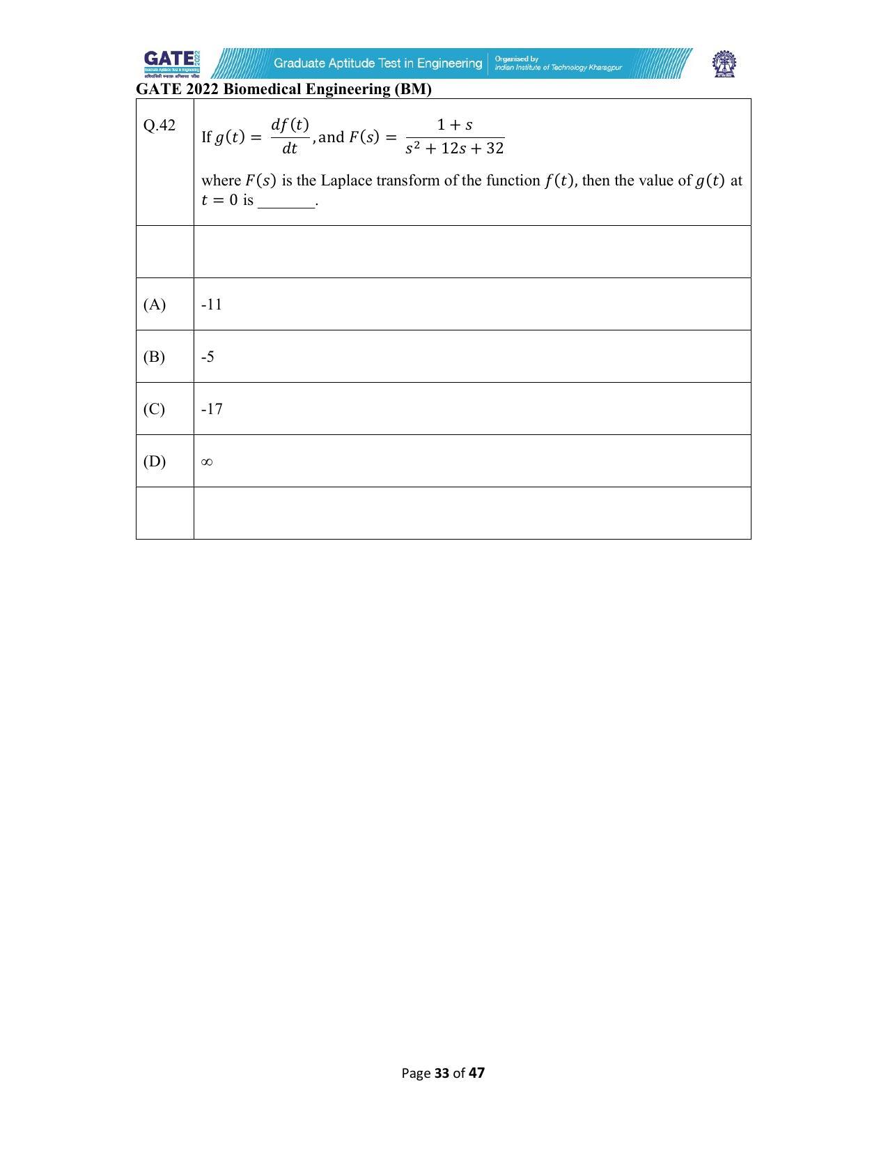 GATE 2022 Biomedical Engineering (BM) Question Paper - Page 33