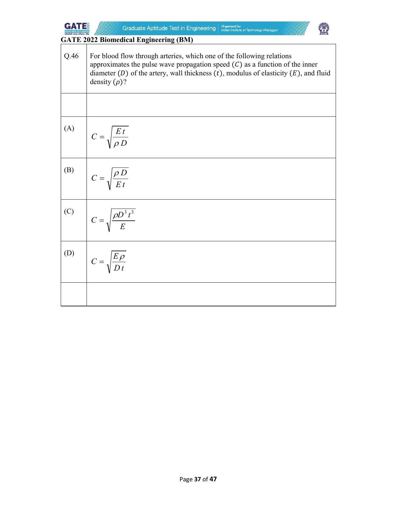 GATE 2022 Biomedical Engineering (BM) Question Paper - Page 37