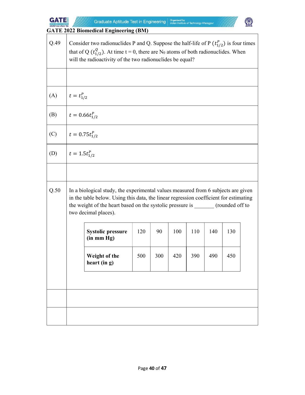 GATE 2022 Biomedical Engineering (BM) Question Paper - Page 40
