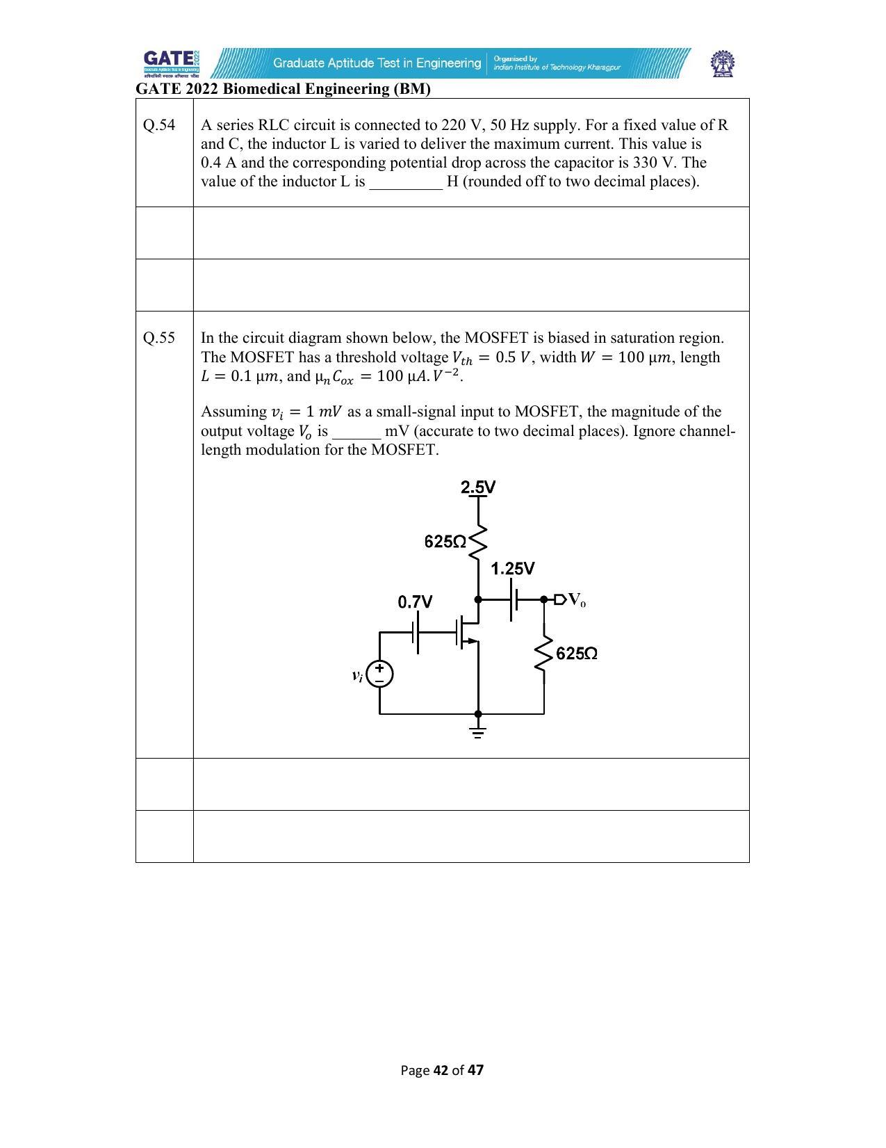 GATE 2022 Biomedical Engineering (BM) Question Paper - Page 42