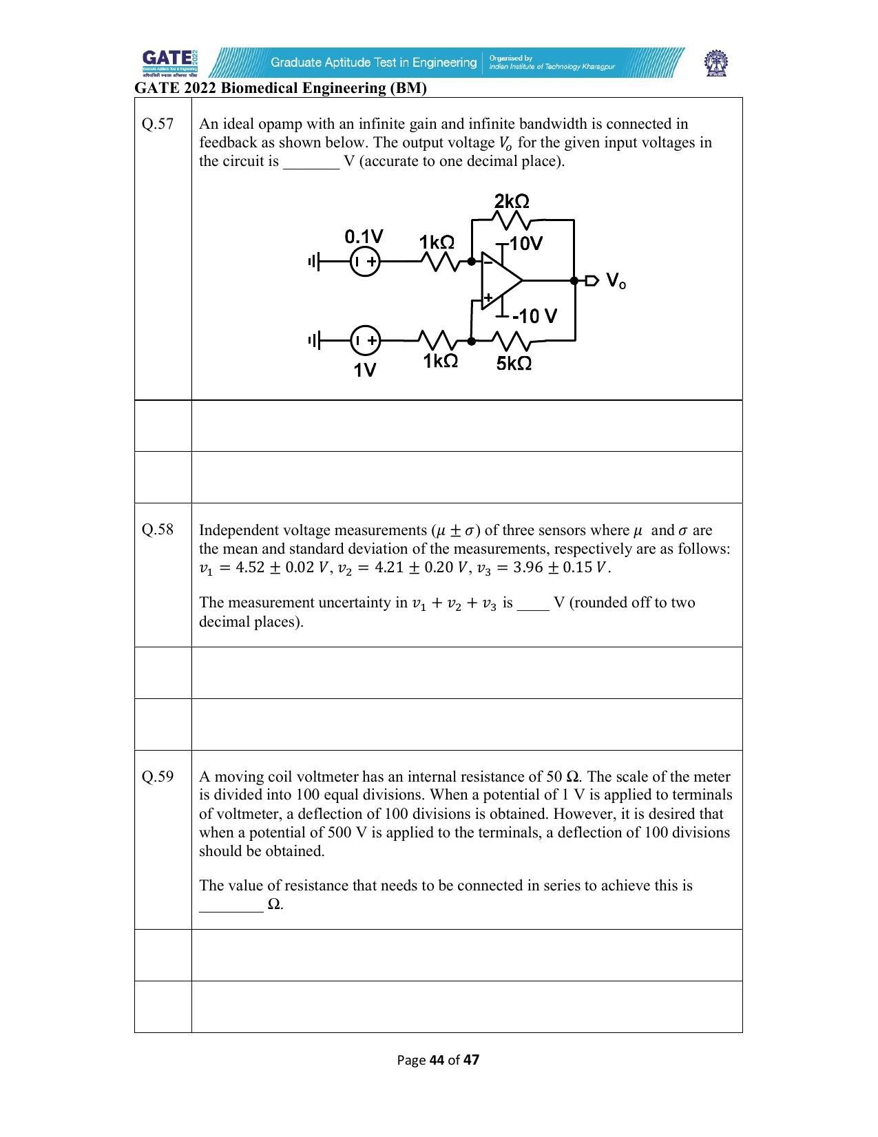 GATE 2022 Biomedical Engineering (BM) Question Paper - Page 44