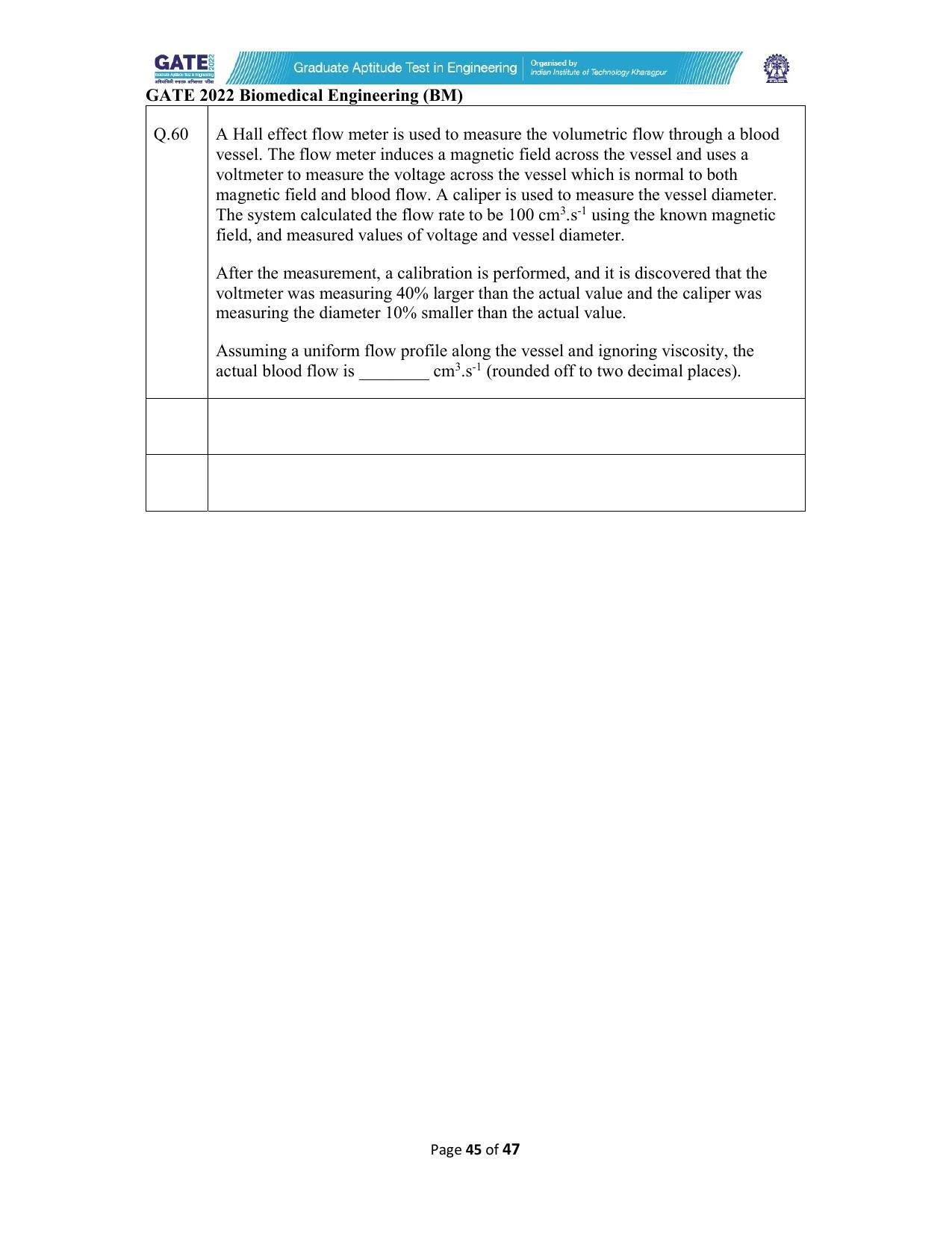 GATE 2022 Biomedical Engineering (BM) Question Paper - Page 45