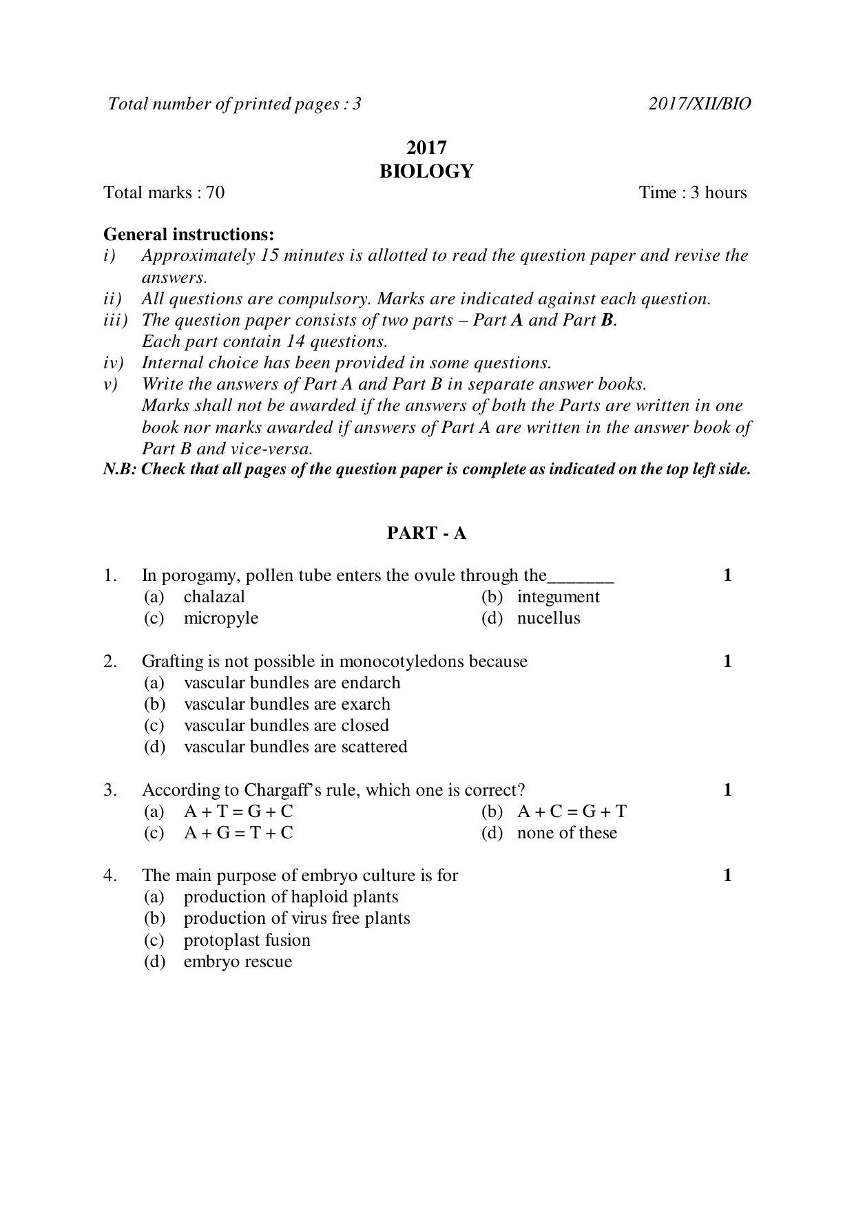 Nagaland Board Class 12 BIOLOGY 2017 Question Papers - Page 1
