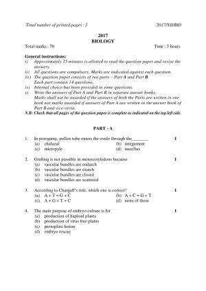 Nagaland Board Class 12 BIOLOGY 2017 Question Papers