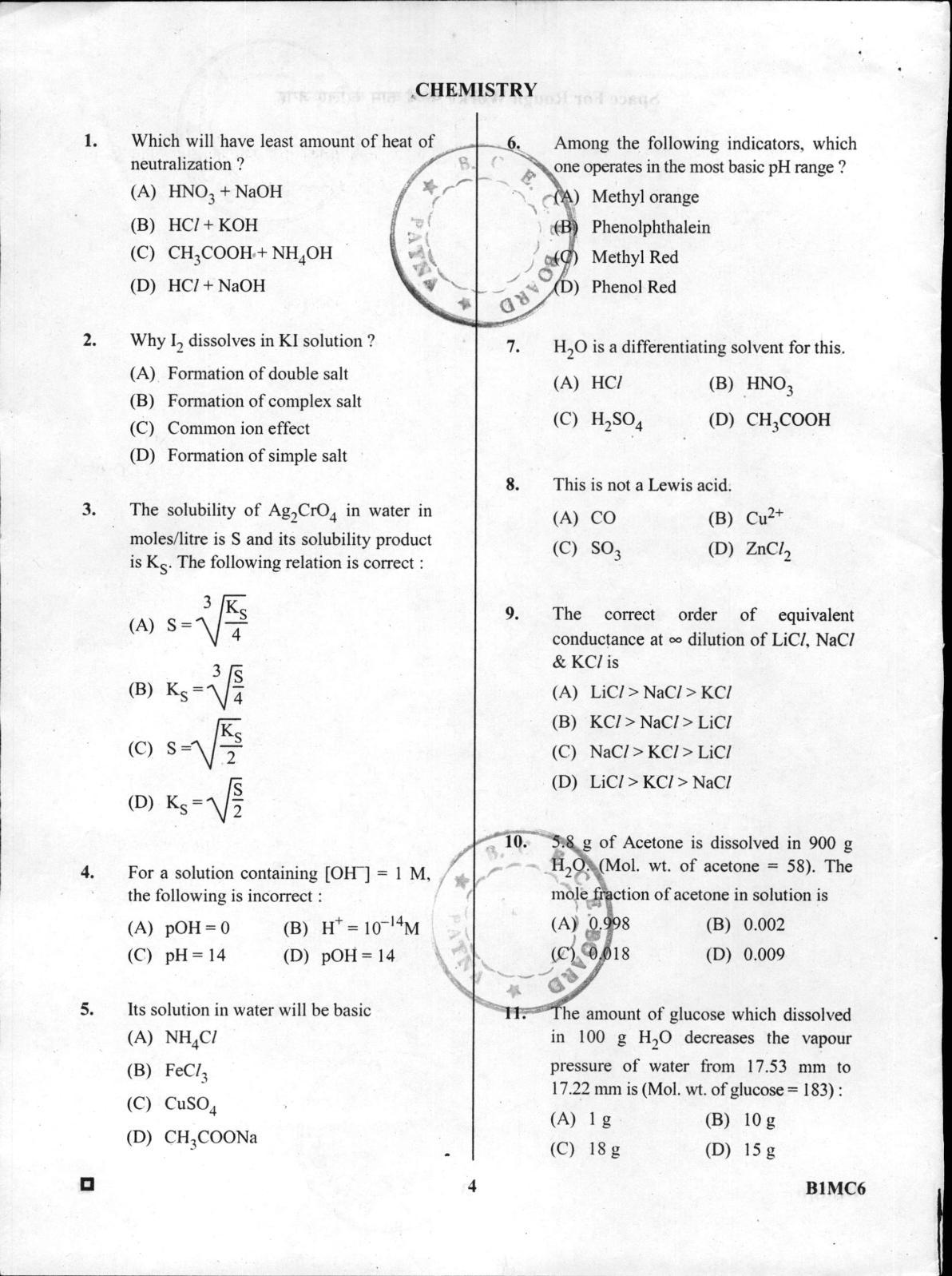 BCECE Chemistry 2016 Question Paper - Page 4