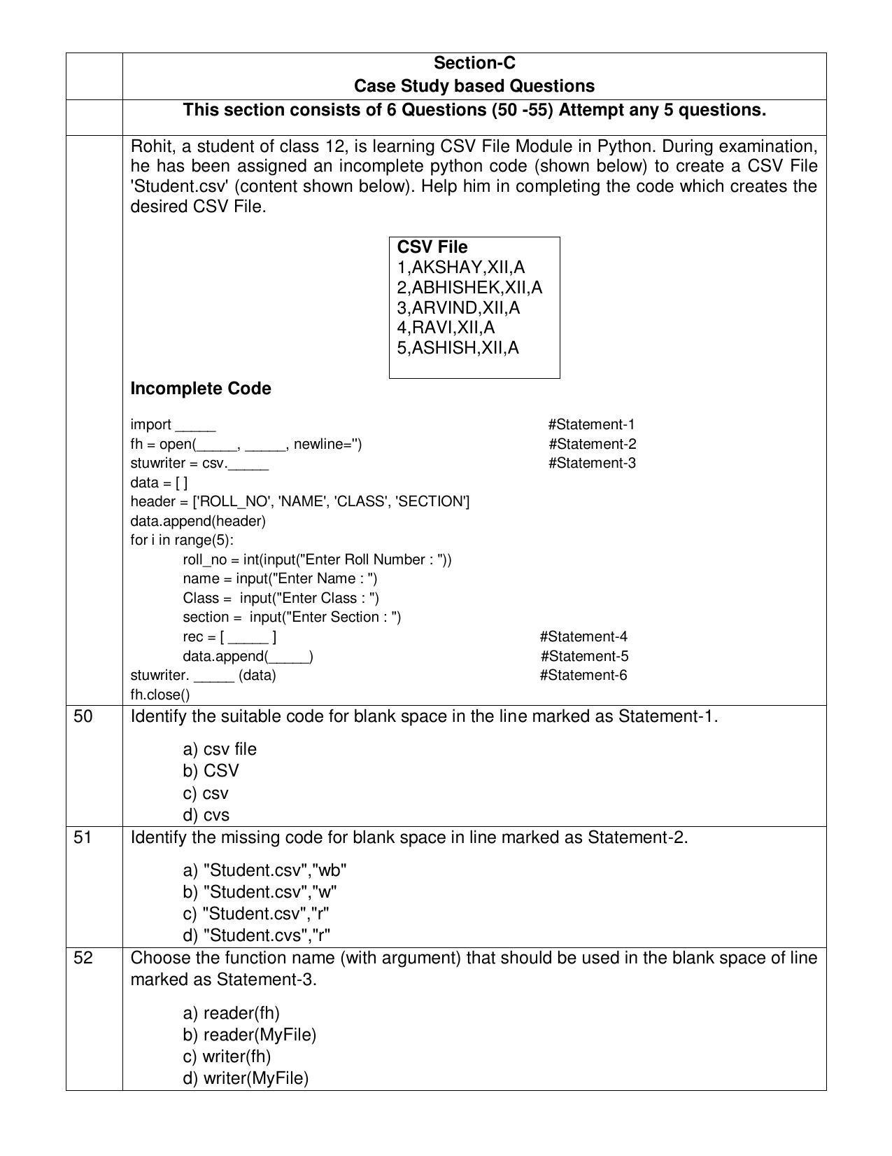 CBSE Class 12th Computer Science Sample Question Paper 202122 IndCareer Docs