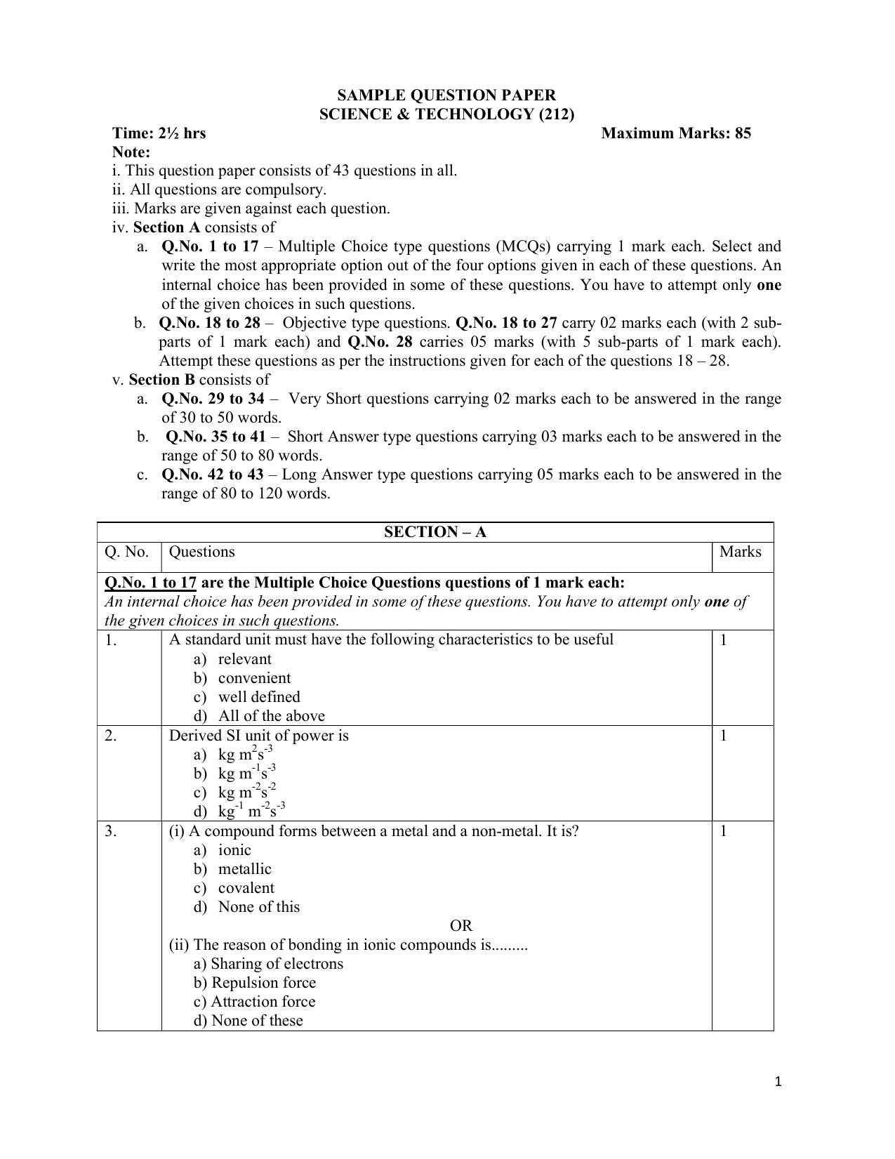 NIOS Class 10 Science (212) Sample Paper - Page 1