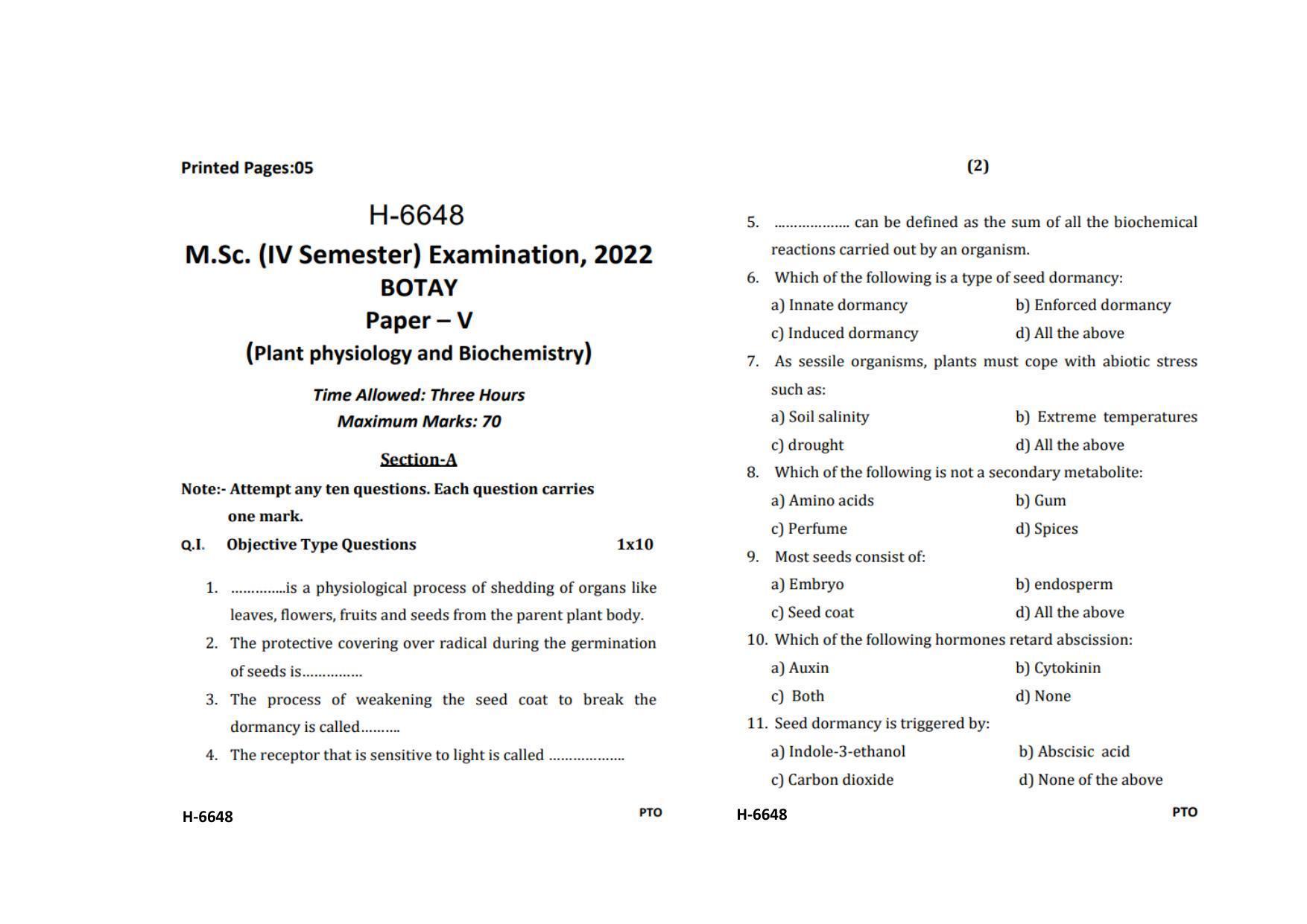 Sarguja University Question Paper July-2022 :  M.Sc. In Botany (Fourth sem.) Plant Physiology And Bio-Chemistry Paper 1 - Page 1