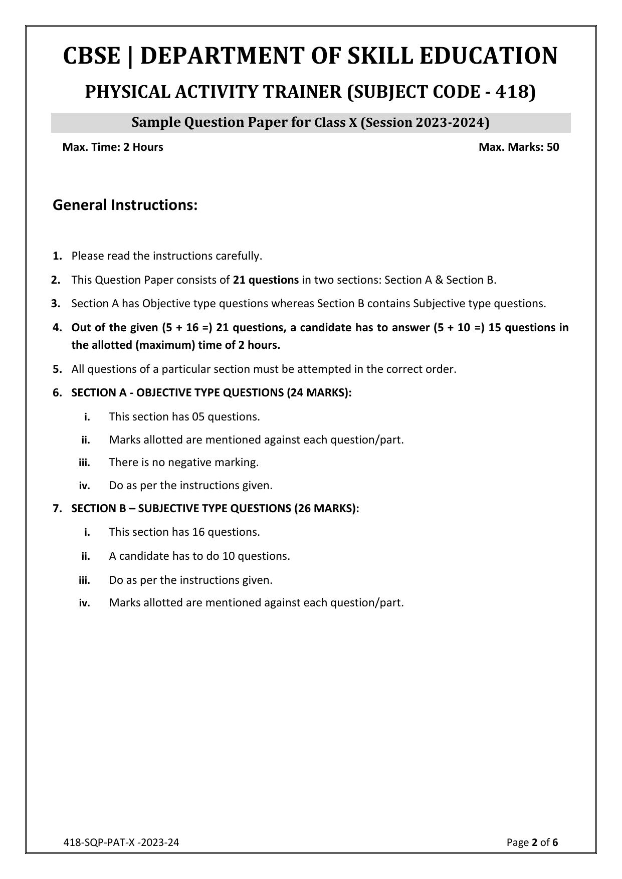 CBSE Class 10 (Skill Education) Physical Activity Trainer 2024 Sample Paper - Page 2