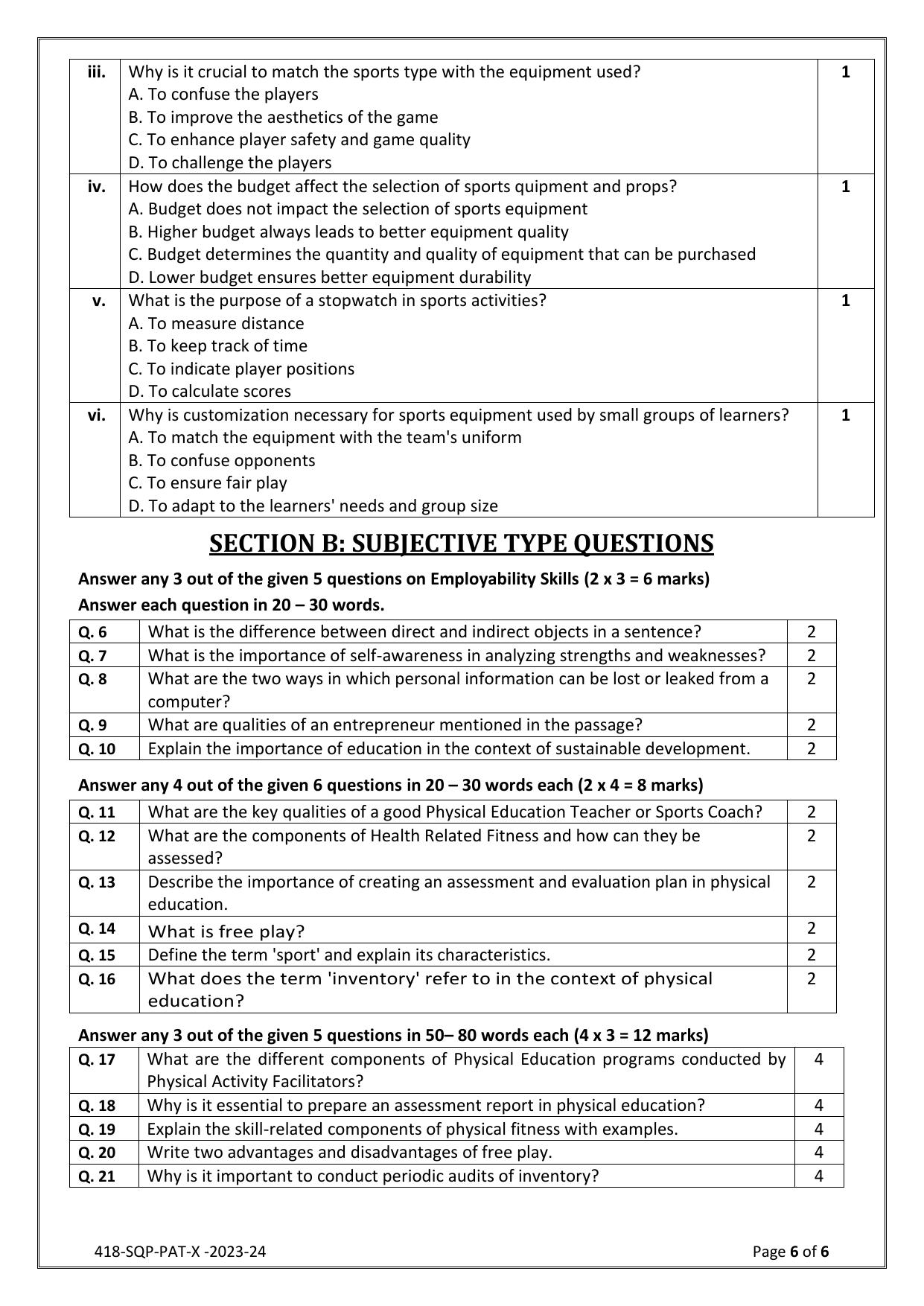 CBSE Class 10 (Skill Education) Physical Activity Trainer 2024 Sample Paper - Page 6