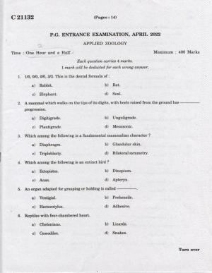 CUCAT 2022 M.Sc Applied Zoology Question Paper