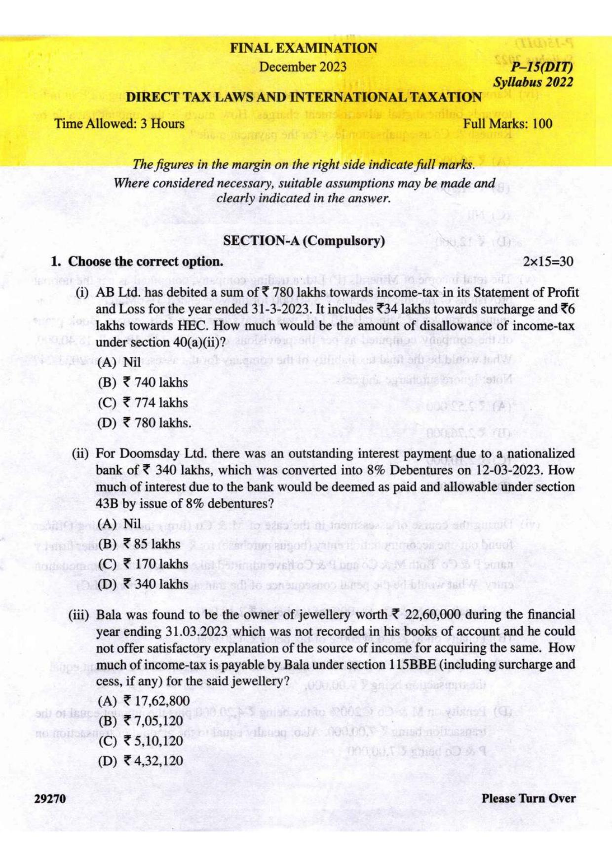 ICMAI Final December 2023 Question Paper - Direct Tax Laws And International Taxation - Page 1