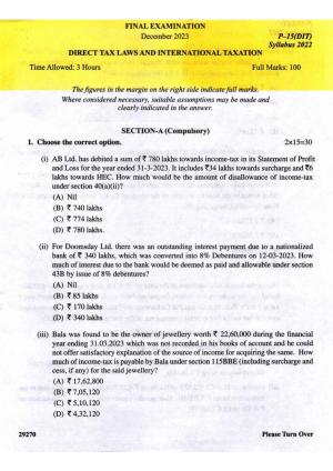 ICMAI Final December 2023 Question Paper - Direct Tax Laws And International Taxation