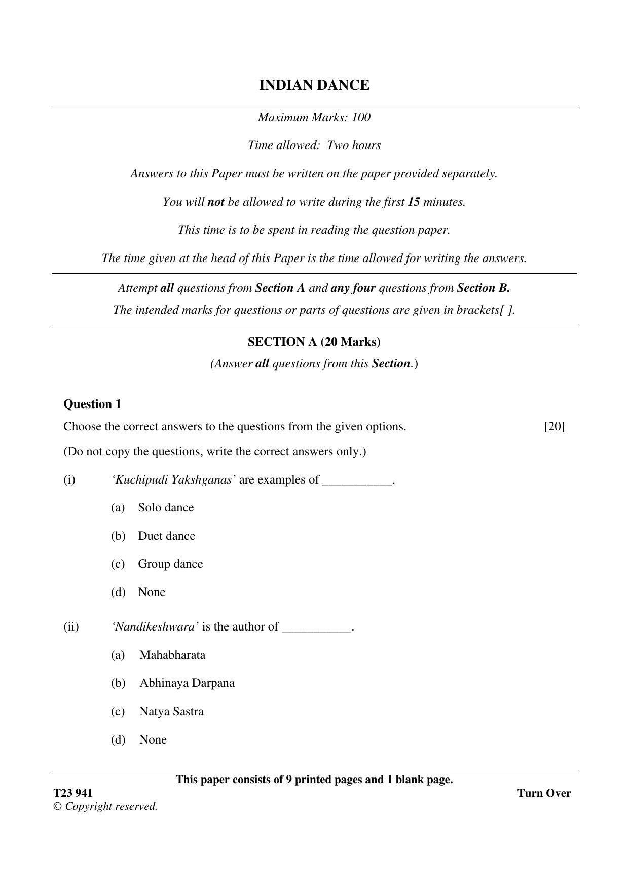 ICSE Class 10 INDIAN DANCE 2023 Question Paper - Page 1