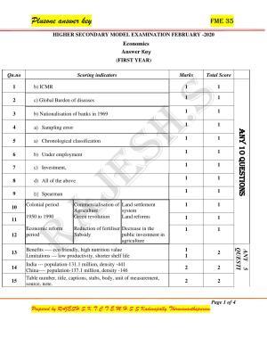 Kerala Plus One 2020 Economics Answer Key (Model)