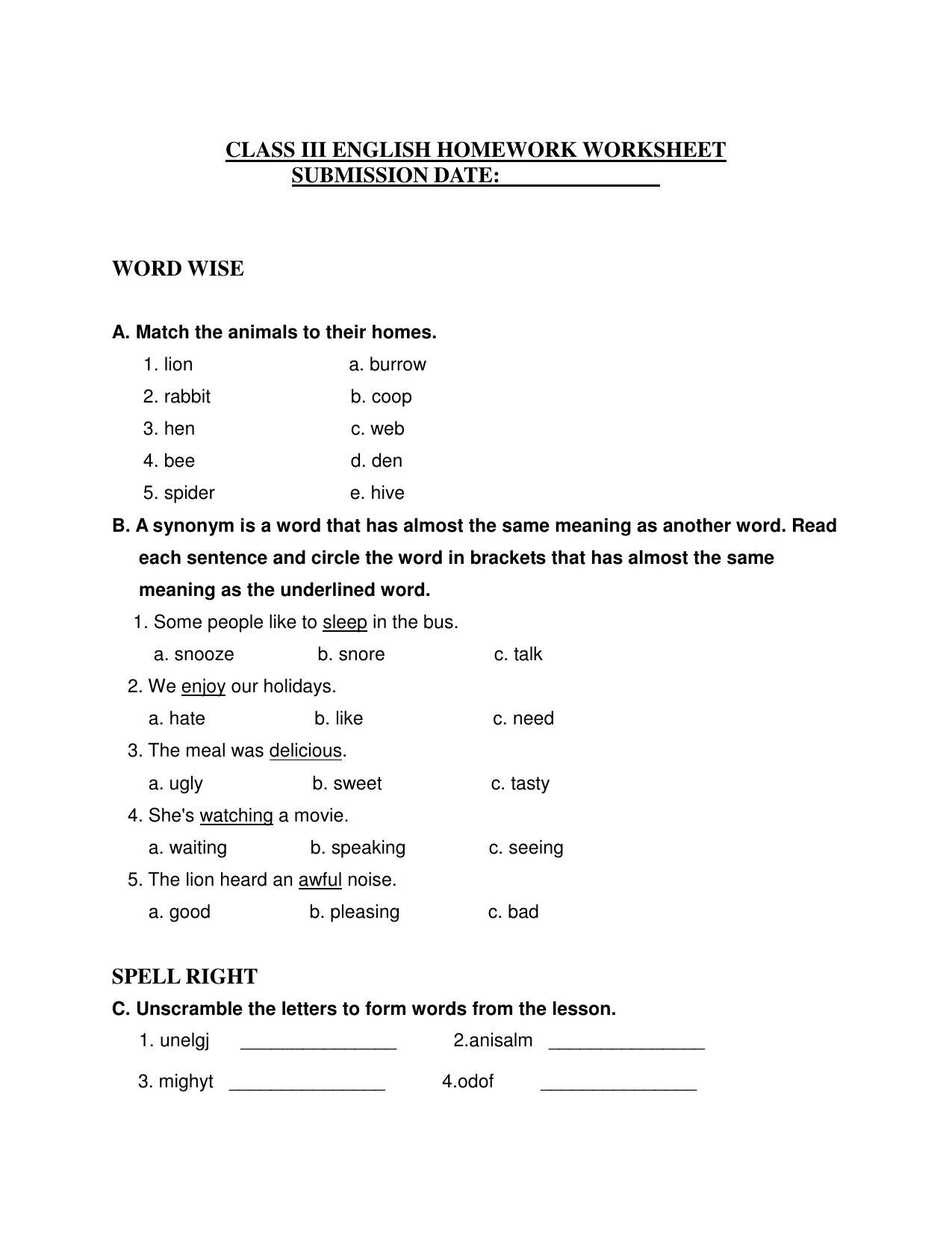 Worksheet for Class 3 English Word Wise Assignment 3 - Page 1