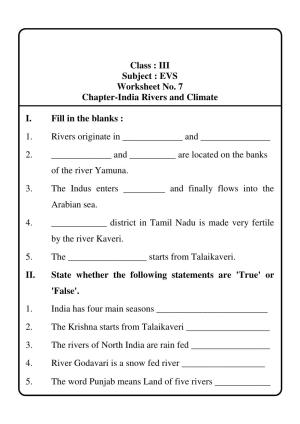 Worksheet for Class 3 EVS Assignment 44 India Rivers and Climate