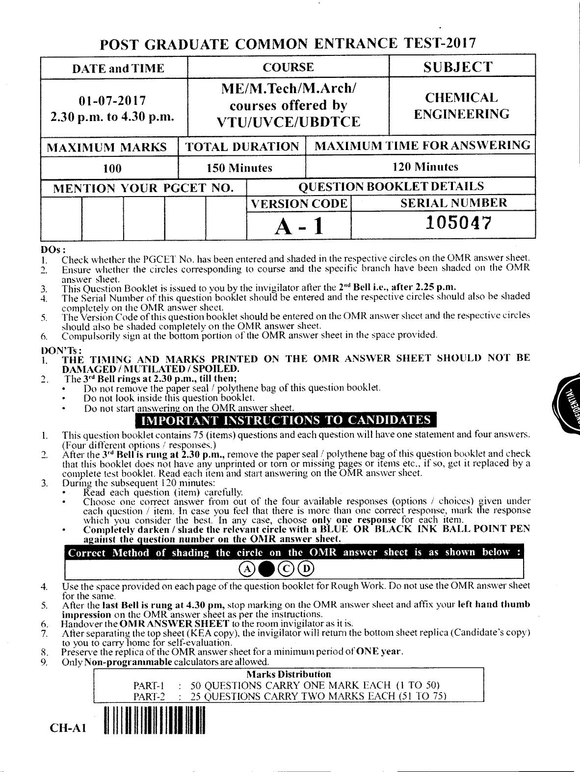 Karnataka PGCET 2017 Chemical Engineering Question Paper - Page 1