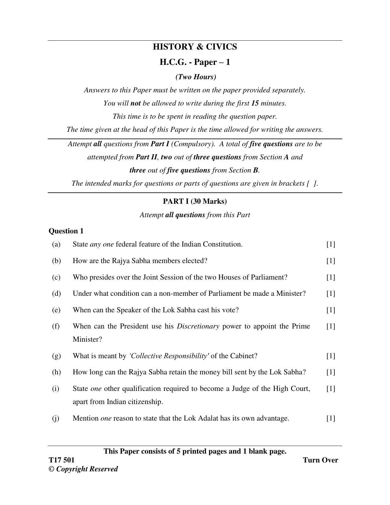 ICSE Class 10 History & Civics 2017 Question Paper - Page 1
