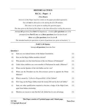 ICSE Class 10 History & Civics 2017 Question Paper
