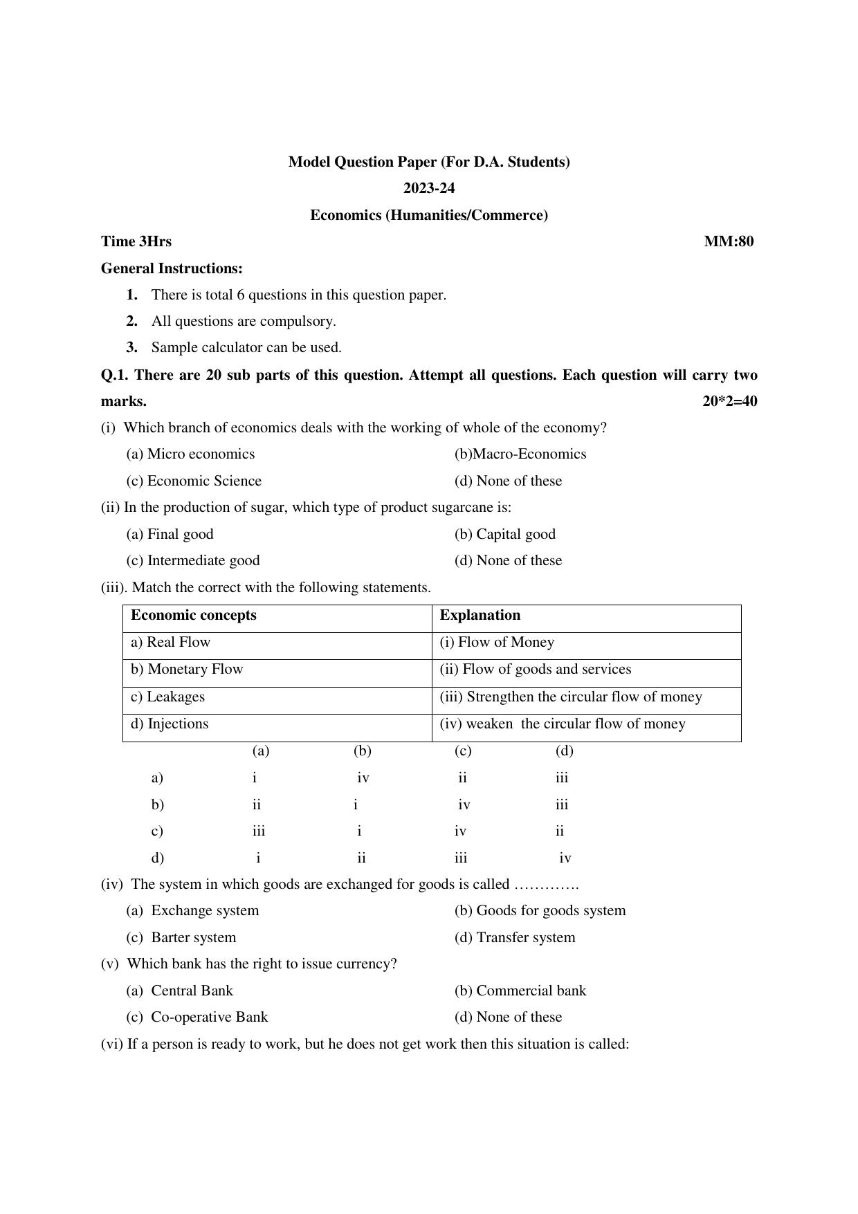PSEB Class 12th Economics (DA Students) Model Paper 2024 - Page 1
