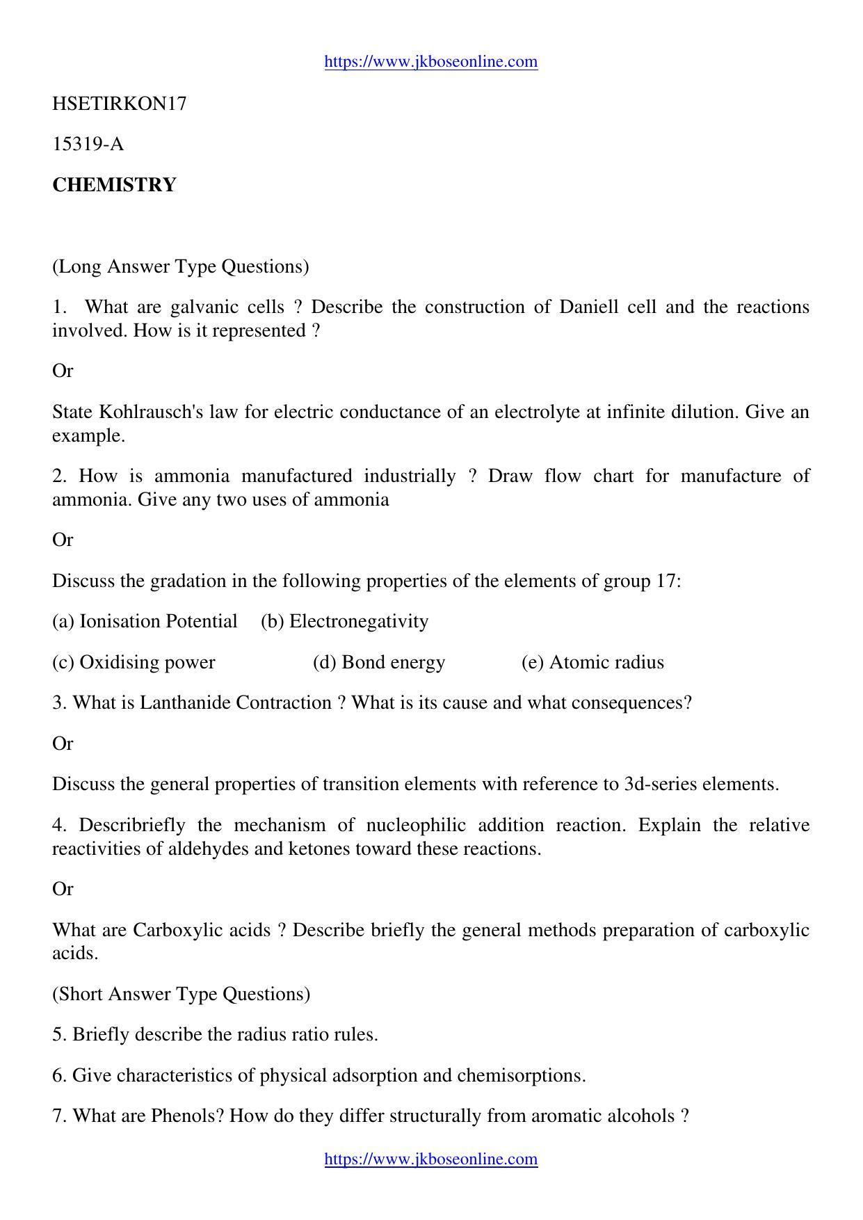 JKBOSE Class 12 Chemistry Question Papers 2017 (15319-A) - Page 1